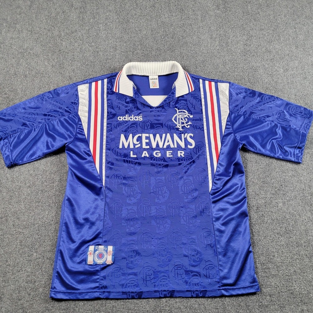 Vintage Rangers Soccer Football Jersey Mens L Blue Adidas McEwan's Lager 96/97‎